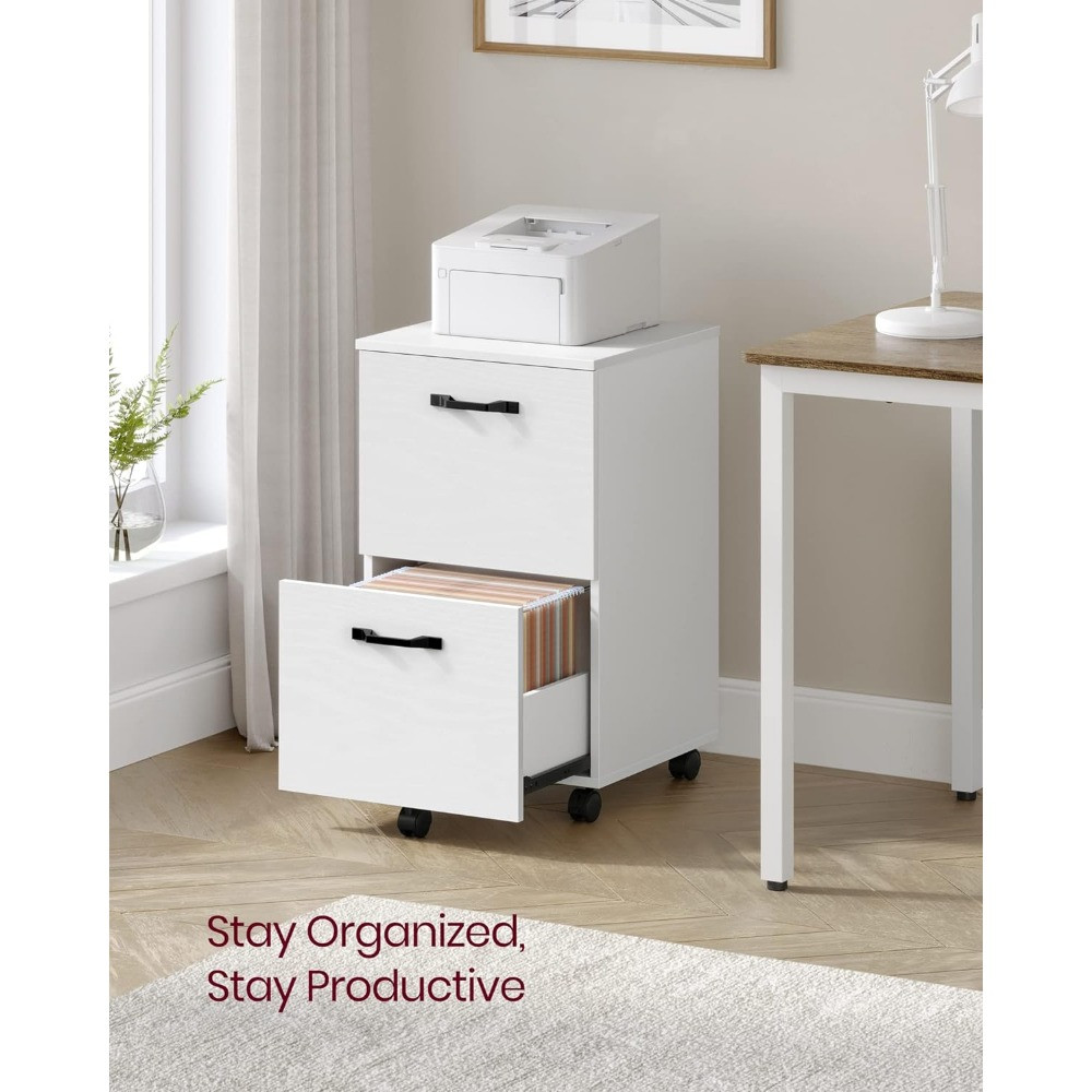 White filing cabinet with printer on top in a home office